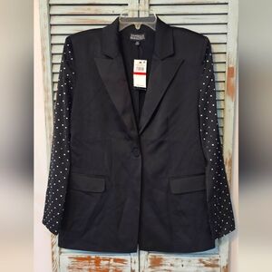NWT DANIELLE BERNSTEIN Womens XS Black Satin Rhinestone Sleeves Party Blazer
